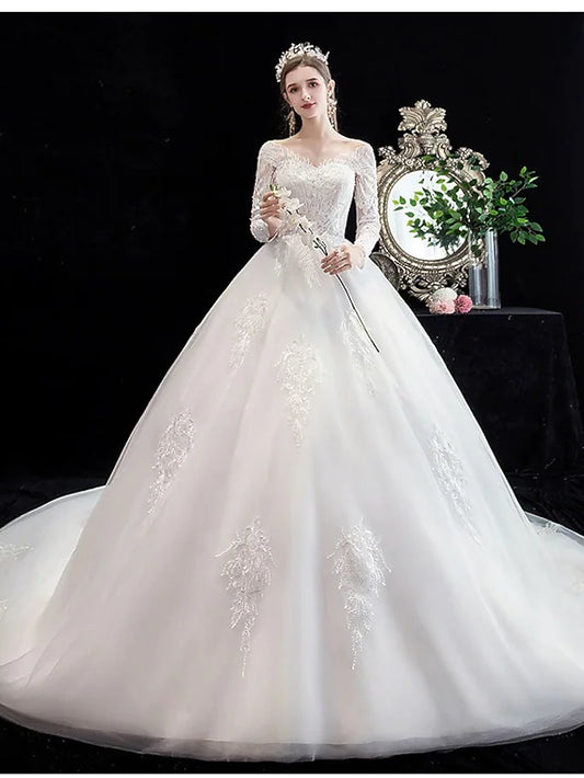 Engagement Formal Wedding Dresses Chapel Train Princess Long Sleeve Off Shoulder Lace With Beading Appliques
