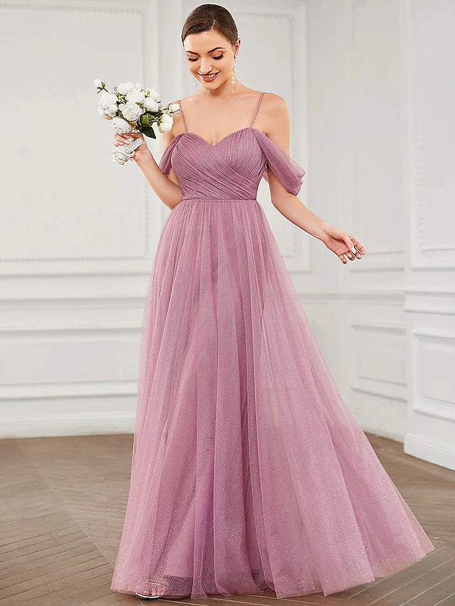 Prom Dresses Elegant Dress Wedding Guest Floor Length Sleeveless V Neck Tulle with Pleats