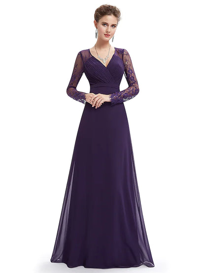 Evening Gown Elegant Dress Wedding Guest Floor Length Long Sleeve V Neck Chiffon  Ruched Lace Insert