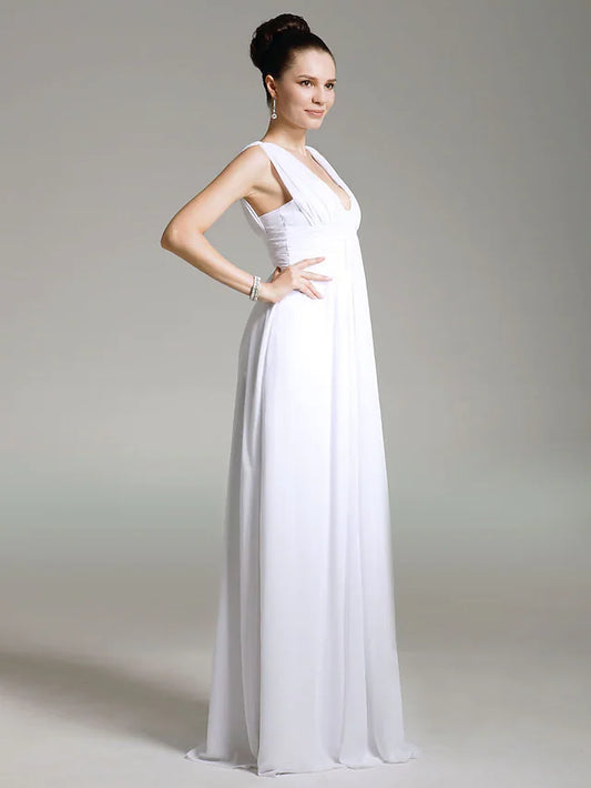 Formal Evening Ball Dress V Neck Sleeveless Floor Length Chiffon with Ruched Draping