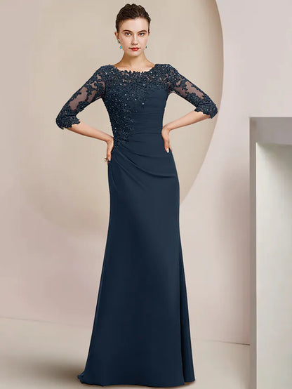 Mother of the Bride Dress Formal Elegant Jewel Neck Floor Length Chiffon Lace  Length Sleeve with Beading Appliques