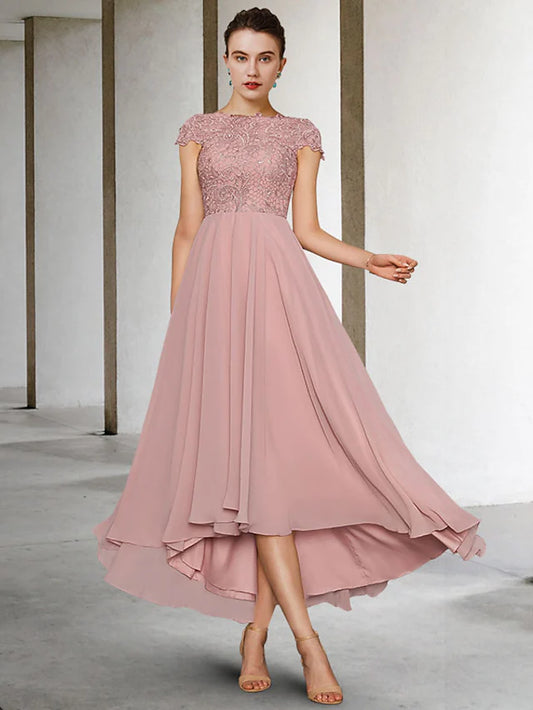 Mother of the Bride Dress Elegant High Low Jewel Neck Asymmetrical Tea Length Chiffon Lace Cap Sleeve with Appliques Ruching