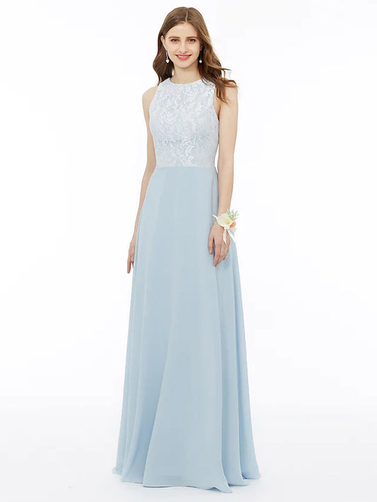 A-Line Bridesmaid Dress Jewel Neck Sleeveless Floor Length Chiffon   Metallic Lace with Pleats  Draping  Appliques