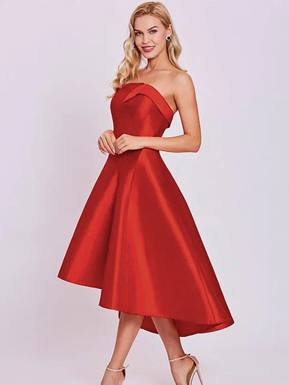 A-Line Cocktail Dresses Minimalist Dress Homecoming Tea Length Sleeveless Strapless Satin with Sleek