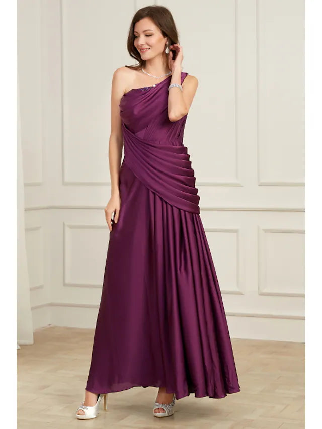 Evening Gown Elegant Dress Wedding Guest Floor Length Sleeveless One Shoulder Polyester with Pleats Ruched