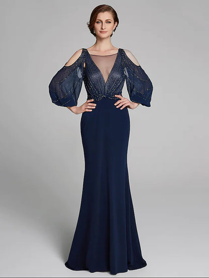 Mother of the Bride Dress Sparkle & Shine Boat Neck Floor Length Chiffon Jersey Long Sleeve No with Beading Ruching