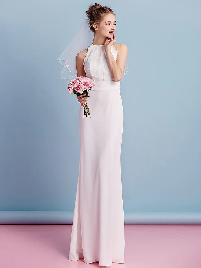 Hall Boho Wedding Dresses Floor Length  Sleeveless Halter Chiffon With Lace