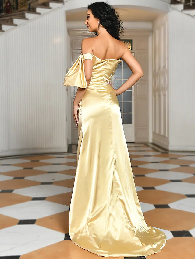 Evening Gown Sexy Dress Formal Floor Length Short Sleeve V Neck Charmeuse with Rhinestone Slit