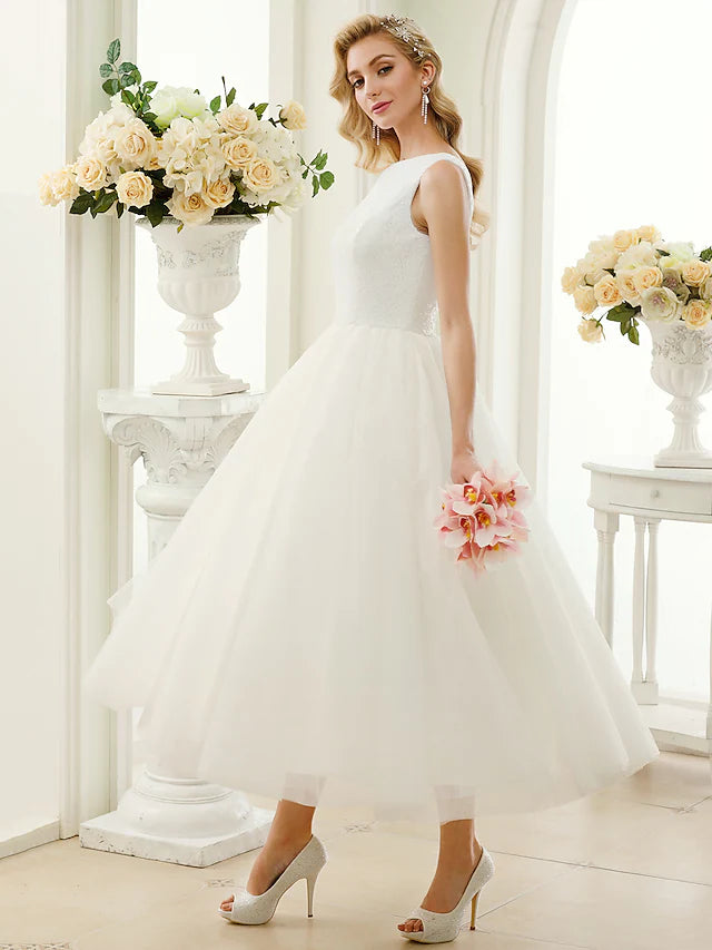 Sparkle & Shine Open Back Wedding Dresses Tea Length A-Line Regular Straps Bateau Neck Tulle With Lace Sequin