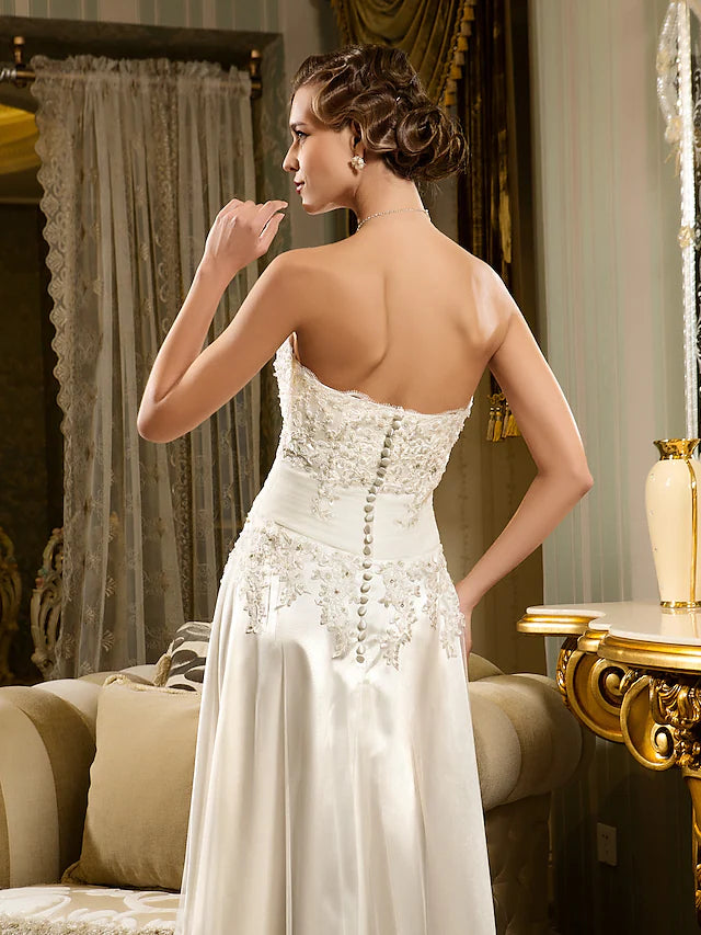 Open Back Little White Dresses Wedding Dresses Asymmetrical A-Line Strapless Strapless Beaded Lace With Appliques Button