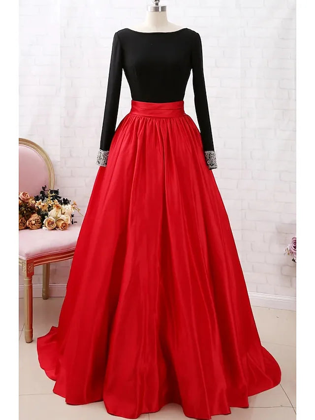 Prom Dresses Color Block Dress Party Wear Court Train Long Sleeve Jewel Neck Satin with Pleats