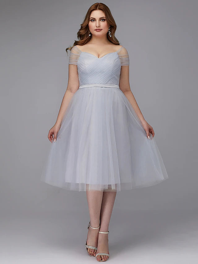 A-Line Elegant Dress Wedding Guest Tea Length Short Sleeve Off Shoulder Tulle with Sash Ribbon Criss Cross