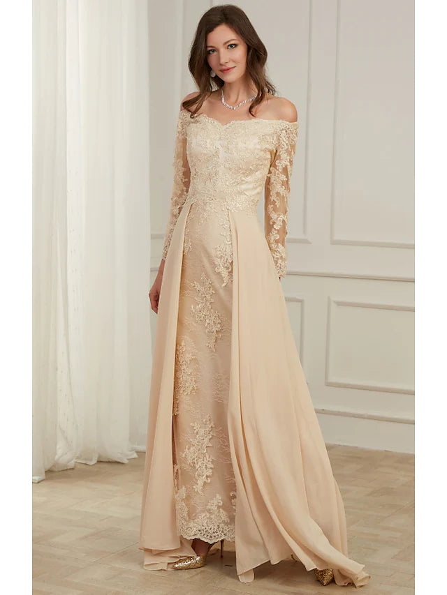 Evening Gown Elegant Dress Wedding Guest Floor Length Long Sleeve Off Shoulder Polyester with Overskirt Appliques