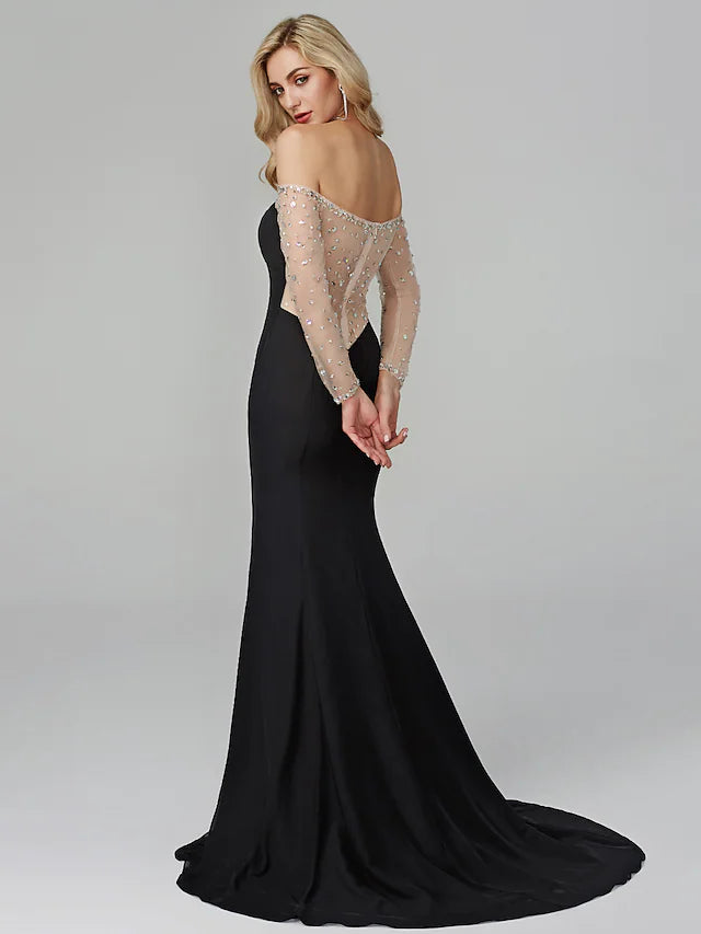 See Through Dress Holiday Floor Length Long Sleeve Off Shoulder Chiffon with Beading