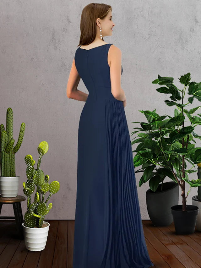 Bridesmaid Dress Jewel Neck Sleeveless Elegant Floor Length Chiffon with Pleats  Split Front