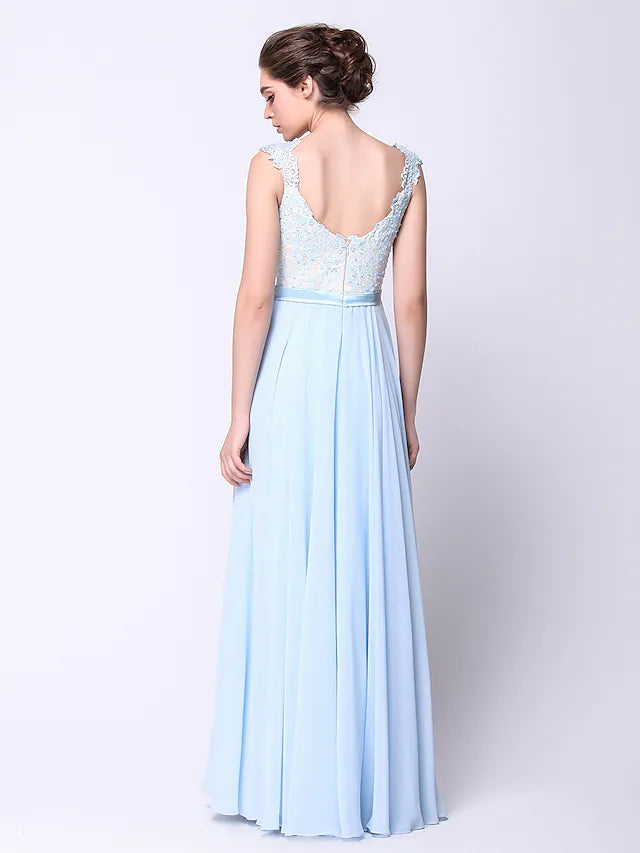 Open Back Dress Holiday Floor Length Sleeveless Plunging Neck Chiffon with Beading Appliques