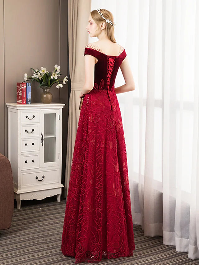 Prom Dresses Glittering Dress Engagement Floor Length Short Sleeve Jewel Neck Tulle with Pleats