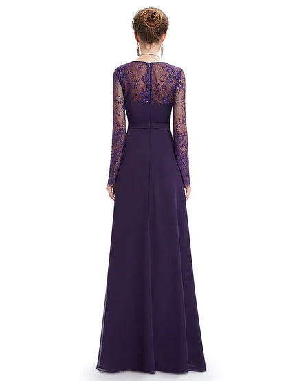 Evening Gown Elegant Dress Wedding Guest Floor Length Long Sleeve V Neck Chiffon  Ruched Lace Insert