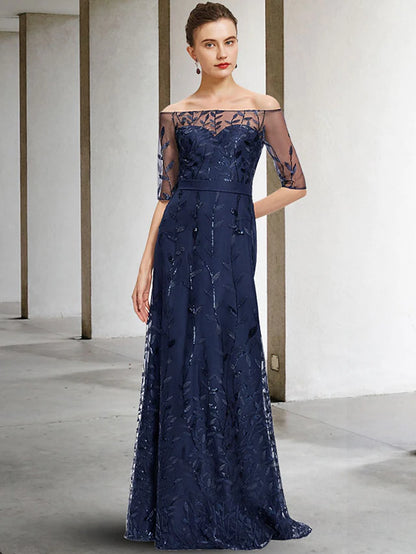 Mother of the Bride Dress Elegant Sparkle & Shine Off Shoulder Floor Length Lace Tulle Half Sleeve with Sequin Appliques