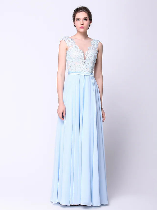 Open Back Dress Holiday Floor Length Sleeveless Plunging Neck Chiffon with Beading Appliques