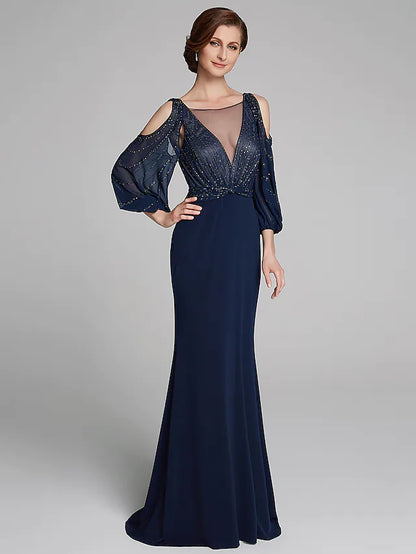 Mother of the Bride Dress Sparkle & Shine Boat Neck Floor Length Chiffon Jersey Long Sleeve No with Beading Ruching