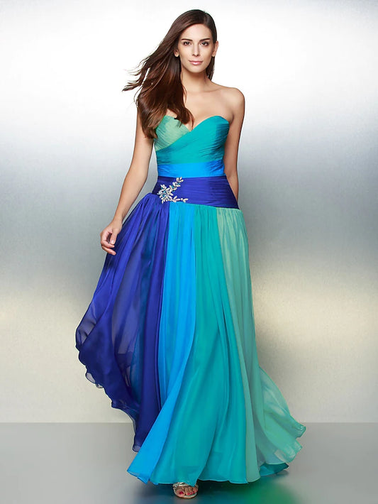Dress Wedding Guest Floor Length Sleeveless Sweetheart Chiffon Backless with Ruched Crystals