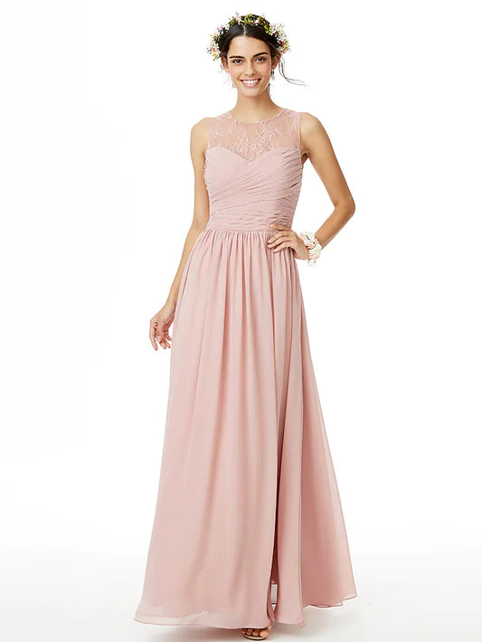A-Line Bridesmaid Dress Jewel Neck Sleeveless See Through Floor Length Chiffon  Lace with Lace  Criss Cross  Pleats