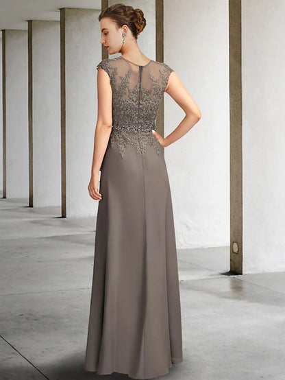 Mother of the Bride Dress Elegant V Neck Floor Length Chiffon Lace Cap Sleeve with Sash  Ribbon Appliques