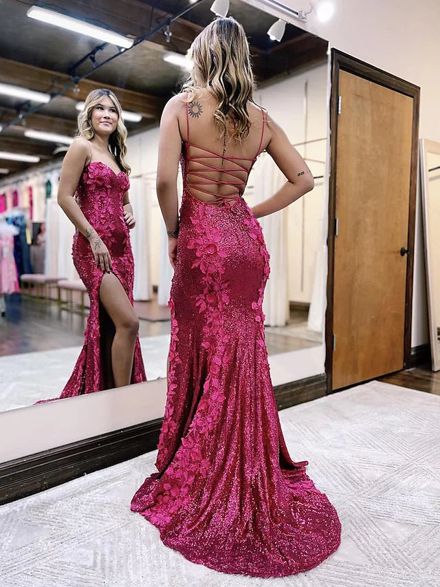 Evening Gown Sexy Dress Formal Sleeveless Spaghetti Strap Sequined Backless with Sequin Appliques