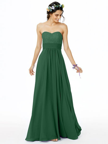 A-Line Bridesmaid Dress Sweetheart Neckline Sleeveless Open Back Floor Length Chiffon  Lace with Lace  Sash  Ribbon  Ruched