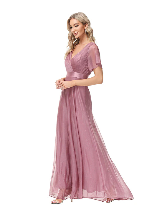 Evening Gown Empire Dress Wedding Guest Floor Length Short Sleeve V Neck Tulle with Ruched Ruffles