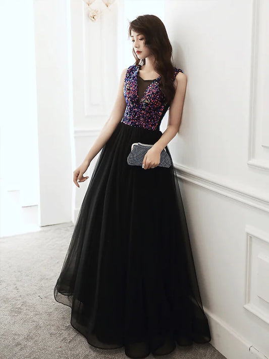 Glittering Minimalist Wedding Guest Prom Dress V Neck Sleeveless Floor Length Sequined with Sequin