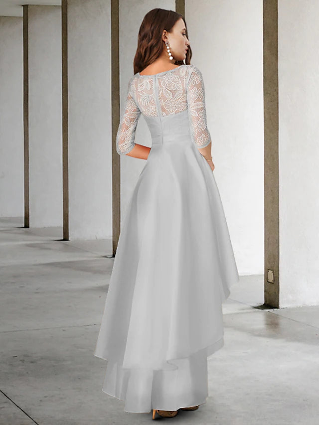 Mother of the Bride Dress Elegant High Low Jewel Neck Asymmetrical Chiffon Lace Half Sleeve with Appliques Cascading Ruffles