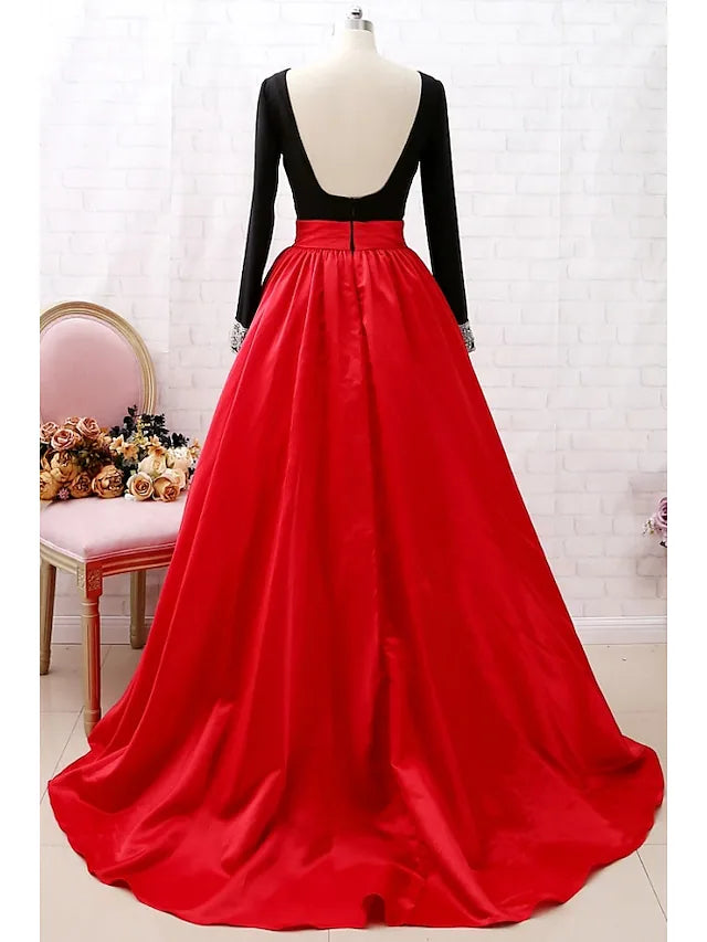 Prom Dresses Color Block Dress Party Wear Court Train Long Sleeve Jewel Neck Satin with Pleats