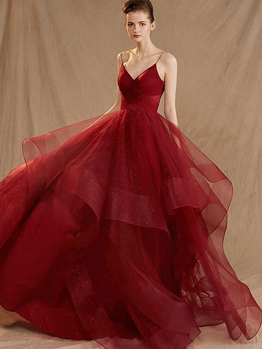 Evening Gown Elegant Dress Party Wear Floor Length Sleeveless V Neck Tulle V Back with Sequin Ruffles