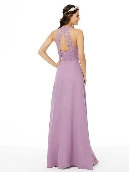 Bridesmaid Dress Jewel Neck Sleeveless Beautiful Back Floor Length Chiffon with Lace  Sash  Ribbon  Pleats