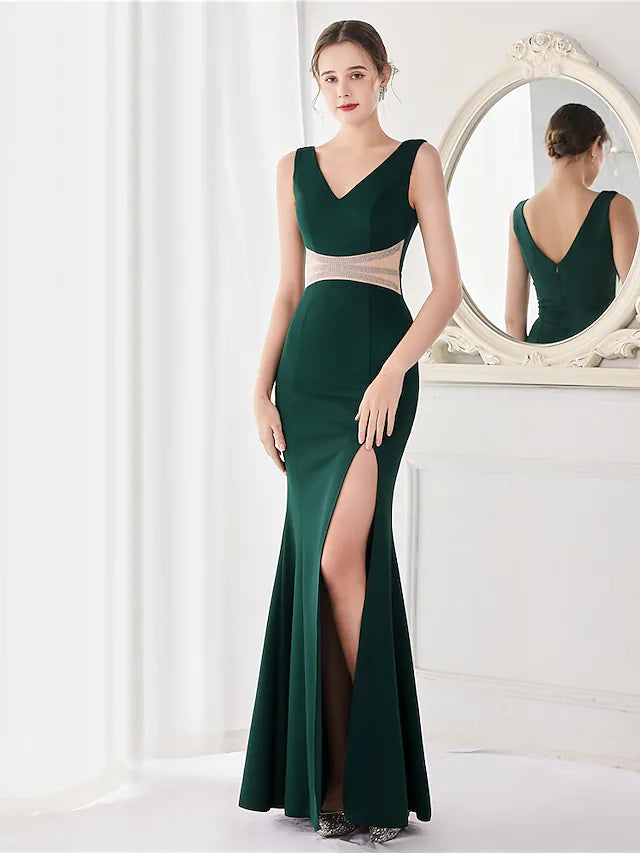 Evening Gown Elegant Dress Wedding Guest Floor Length Sleeveless V Neck Stretch Satin V Back with Crystals Slit