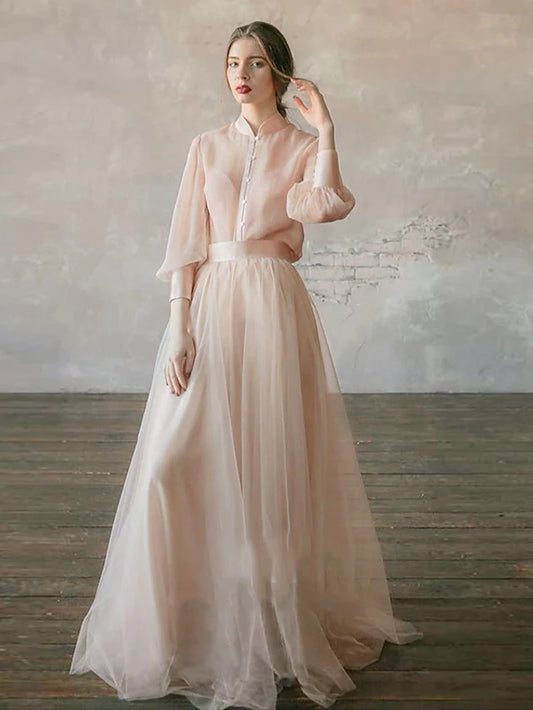 Empire Minimalist Wedding Guest Formal Evening Birthday Dress Stand Collar Long Sleeve Floor Length Chiffon with Tier