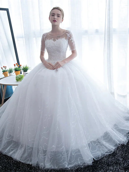 Engagement Open Back Formal Wedding Dresses Floor Length Ball Gown Half Sleeve Scoop Neck Satin With Lace