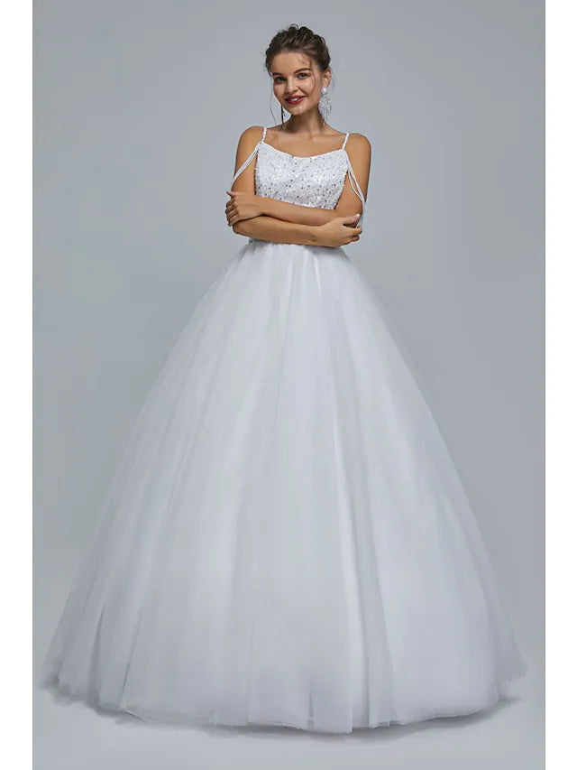 Ball Gown Prom Dresses Sparkle & Shine Dress Graduation Floor Length Sleeveless Spaghetti Strap Tulle with Pearls Sequin