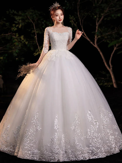 Engagement Formal Wedding Dresses Floor Length Princess Half Sleeve Jewel Neck Lace With Appliques