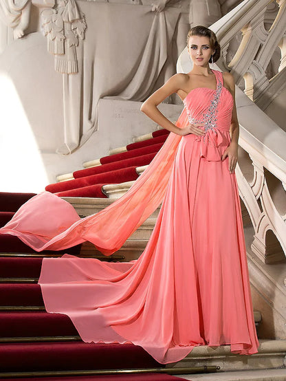 A-Line Elegant Dress Wedding Guest Court Train Sleeveless One Shoulder Chiffon with Crystals Draping