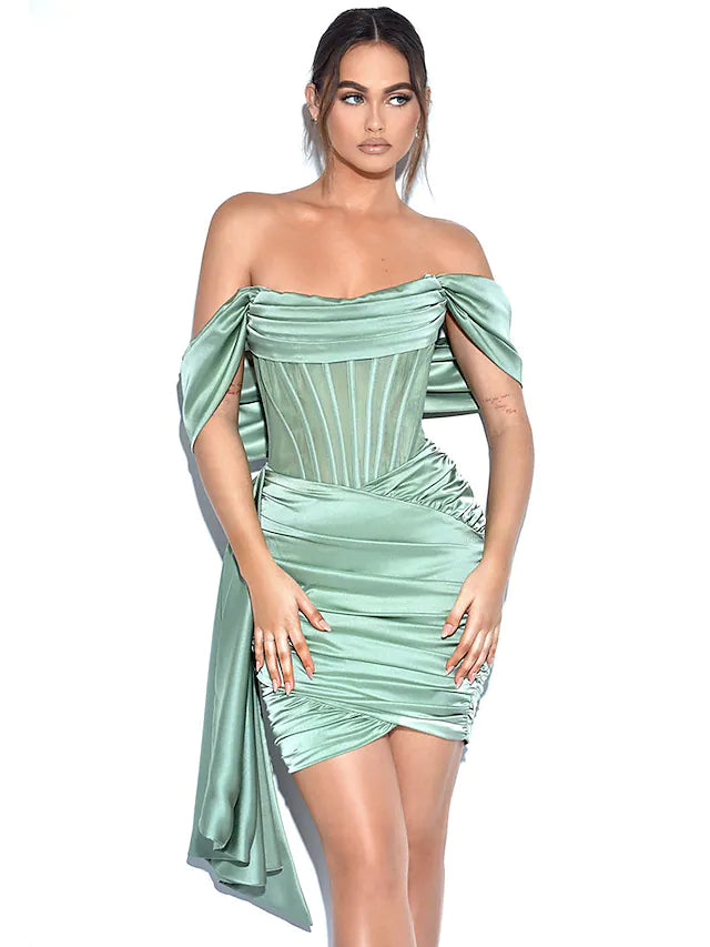 Party Dresses Homecoming Short  Mini Short Sleeve Off Shoulder Satin Backless with Ruched