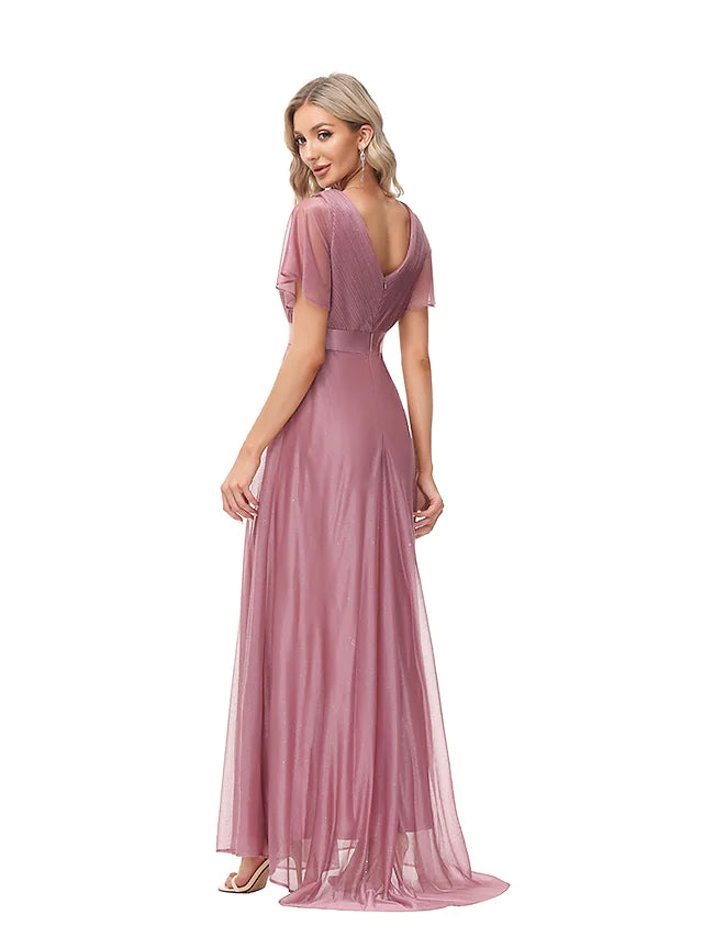 Evening Gown Empire Dress Wedding Guest Floor Length Short Sleeve V Neck Tulle with Ruched Ruffles