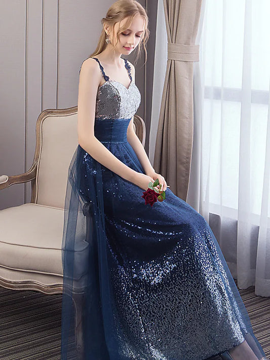 Empire Elegant Wedding Guest Prom Dress Spaghetti Strap Sleeveless Floor Length Tulle with Sequin