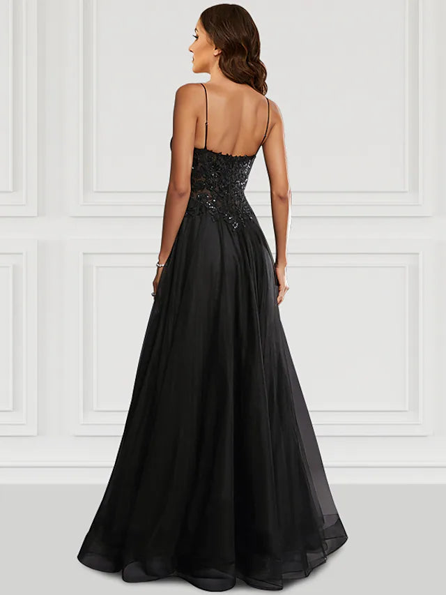 Prom Dresses Black Dress Party Wear Floor Length Sleeveless Spaghetti Strap Tulle with Glitter Slit