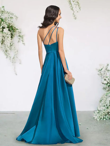 A-Line Bridesmaid Dress One Shoulder Sleeveless  Brush Train  Charmeuse with  Pleats  Split  Front