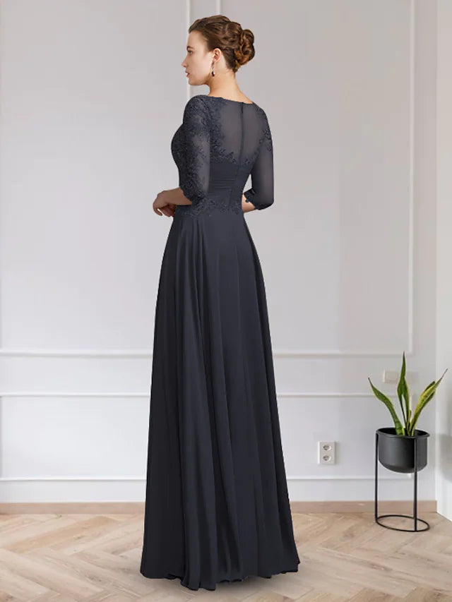 Mother of the Bride Dress Elegant V Neck Floor Length Chiffon Lace Half Sleeve with Appliques