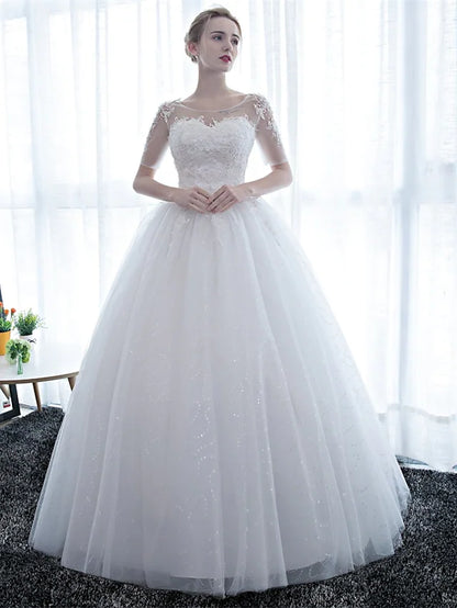 Engagement Open Back Formal Wedding Dresses Floor Length Ball Gown Half Sleeve Scoop Neck Satin With Lace