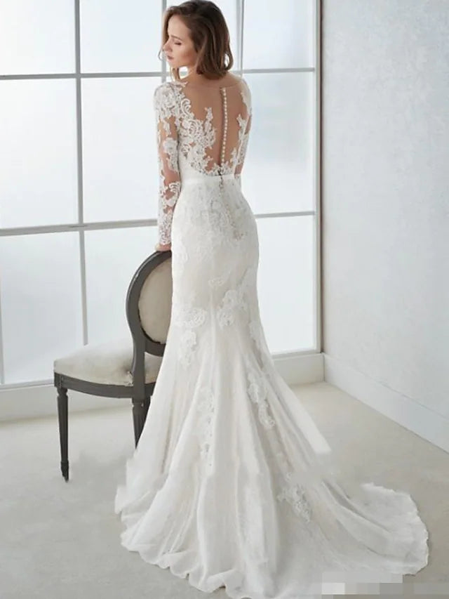 Engagement Open Back Formal Wedding Dresses Trumpet Long Sleeve V Neck Lace With